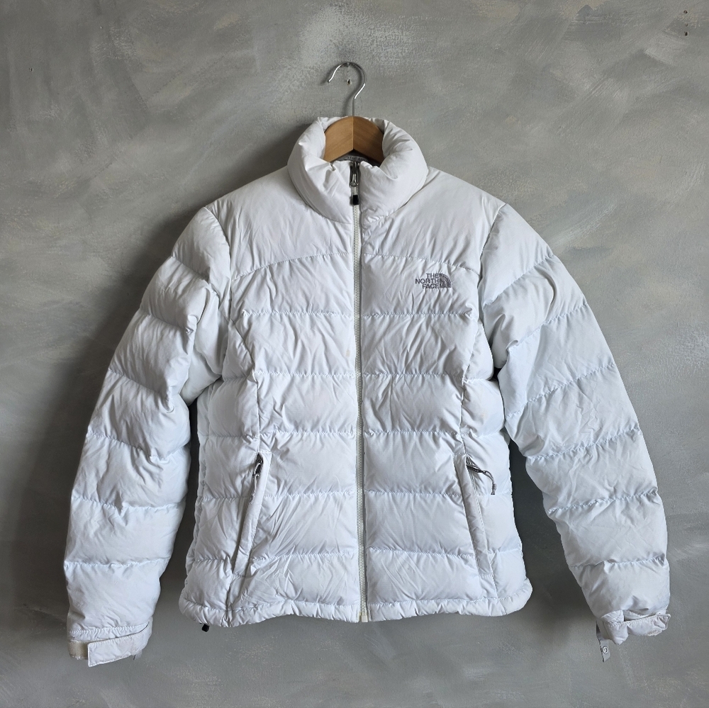 Women's The North Face White 700 Fill Nuptse Down Puffer Jacket Coat Sz M Flaw